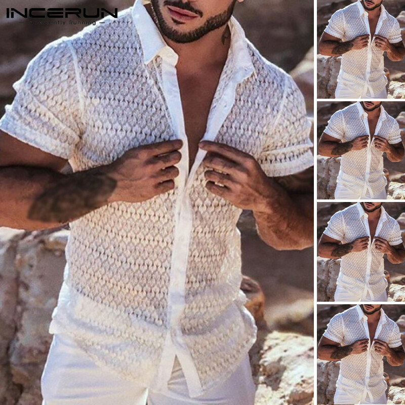 Beehoo INCERUN Men Short Sleeve Floral See Through Mesh Shirts Clubwear Party Button Down Tops