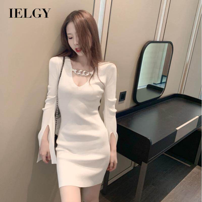IELGY Women's dress Black Short H-shaped V-neck Casual Fashion Slim Simple Knitted