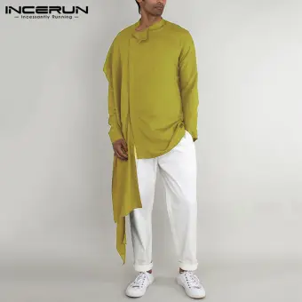 Mens Kurta Formal Shirt Irregular Hem Tunic Ethnic Long Sleeve Shirt Tops Blouse