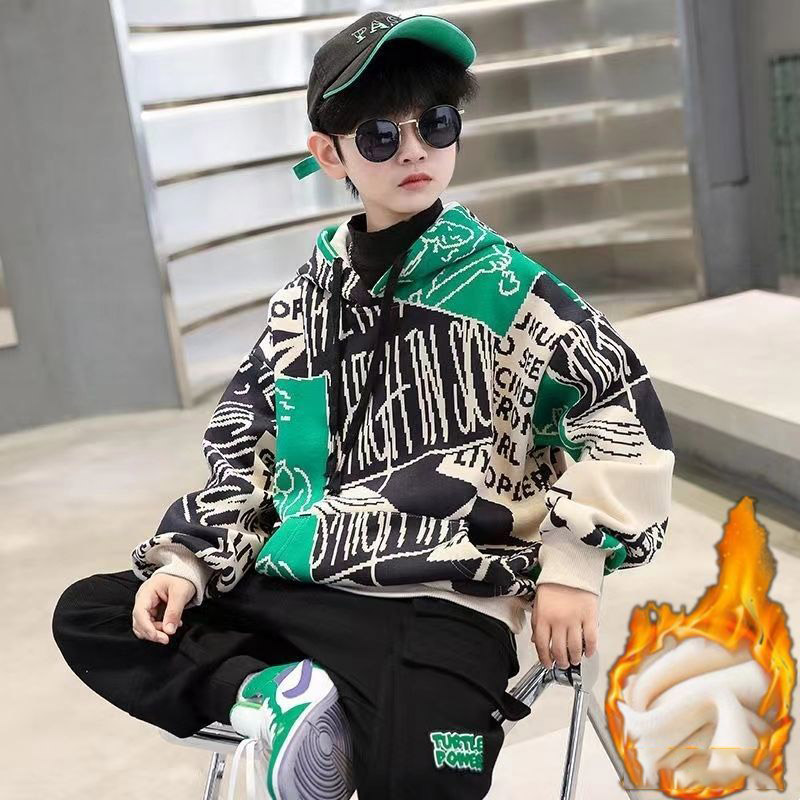 IQANGEL Boys' hooded sweatshirt new Medium and large children's plush top trendy brand