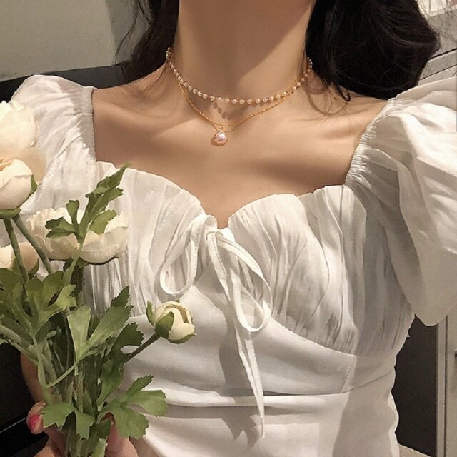 17MILE Korean Simple Pearl Pendant Necklace for Women 2021 Gold Color Multi Layer Pearl Chain Choker Necklace Wedding Jewelry Gifts