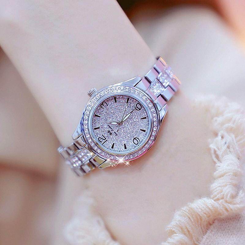 BS Mode untuk Wanita Jam Tangan Kasual Mewah Berlian Imitasi Berkilau Tali Baja Tahan Karat Sederhana Yang Cantik Tahan Air Kuarsa Jam Tangan