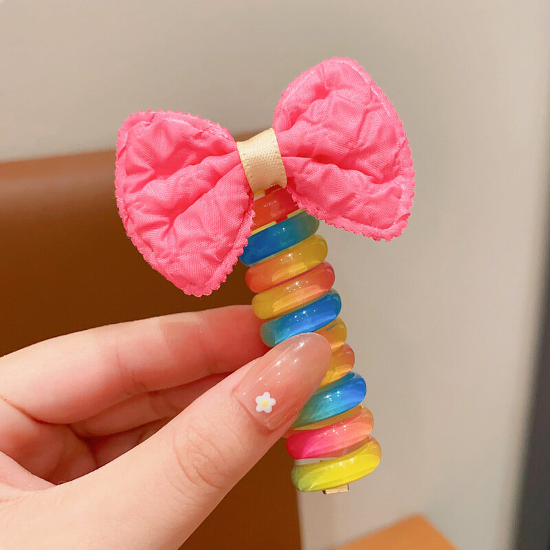 Girls Rainbow Telephone Wire Line Ponytail Rubber Band Kids Cute Creative Magic Colorful High Elastic Bowknot Braided Spiral Hair Tie Hair Rope