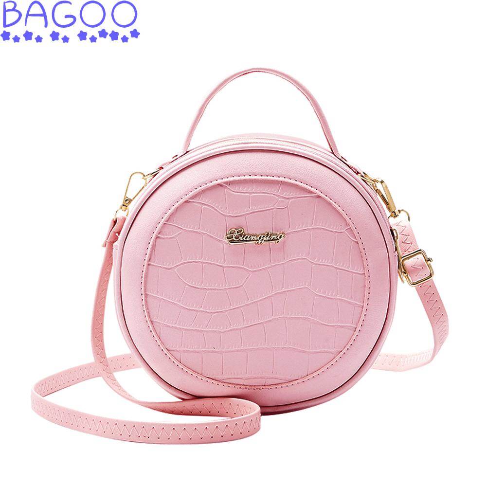 BAGOO Fashion Women Alligator Pattern Shoulder Bag Round Circle Purse Lady PU Leather Small Zipper Solid Color Messenger Satchel Handbags