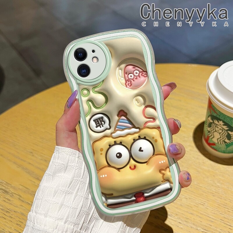 chenyyka Casing For iPhone 11 11 Pro 11 Pro Max Case Cartoon 3D SpongeBob Patrick Star Pattern Wave Border Soft Clear Shockproof Phone Cases Creative Camera Transparent Casing Silica Gel Protective Cover
