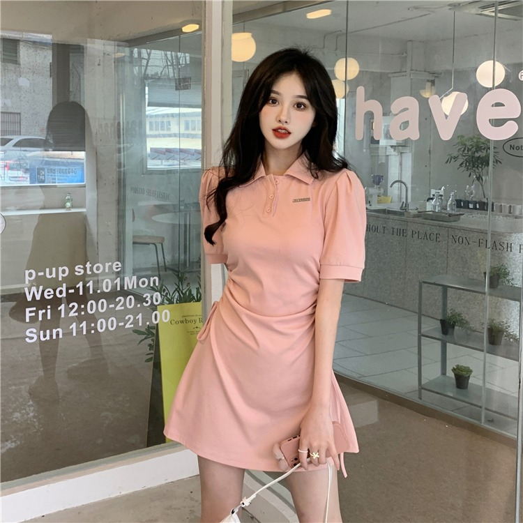 Dilutessa 2023 Polo Dress for Women Short Sleeve Bubble Sleeve High Waist Above Knee Chic Dress