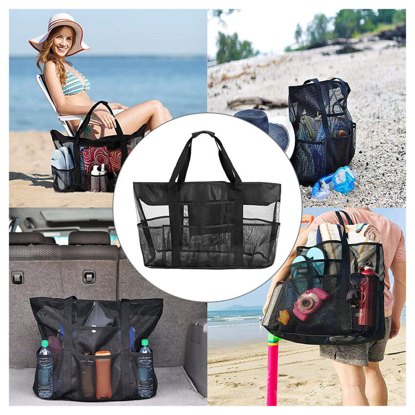 Black mesh beach bag, 45x45x30 cm outdoor large mesh beach tote bag, multifunctional beach toy storage bag, foldable shoulder bag, sundries storage bag, beach holiday storage bag
