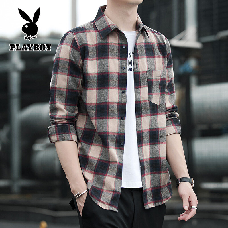 PLAYBOY New Men's Plaid Shirt Casual Shirt
