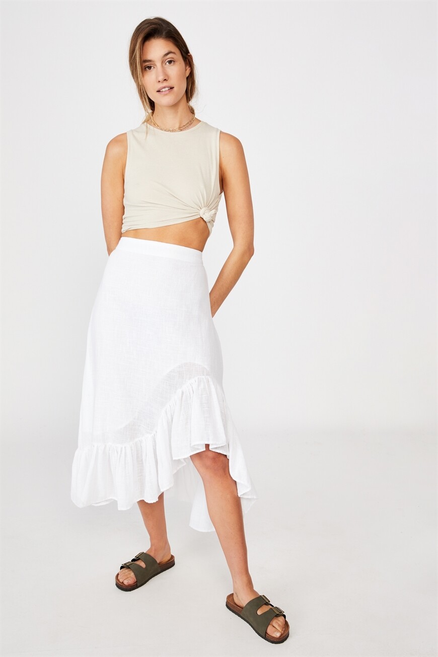 white ruffle midi skirt