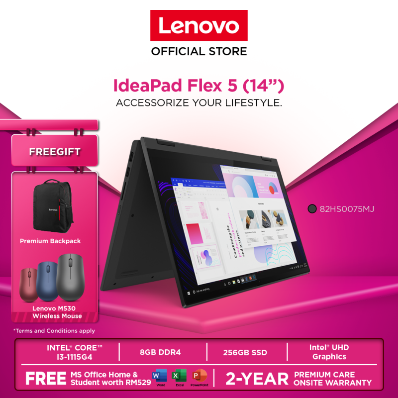 Lenovo IdeaPad Flex 5i| 82HS0075MJ| Graphite grey| 14| i3-1115G4| 8GB| 256GB SSD| W10H| MS H&S| 2YRPREOS| FOC:BACKPACK+LENOVO 530 MOUSE Malaysia