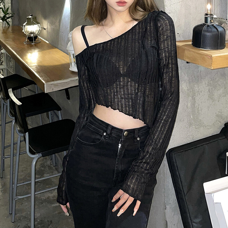 Gothic Solid Color Oblique Shoulder Irregular Crop Tops Grunge Fairycore Women’s Long Sleeve T-shirt Autumn Casual y2k Tops