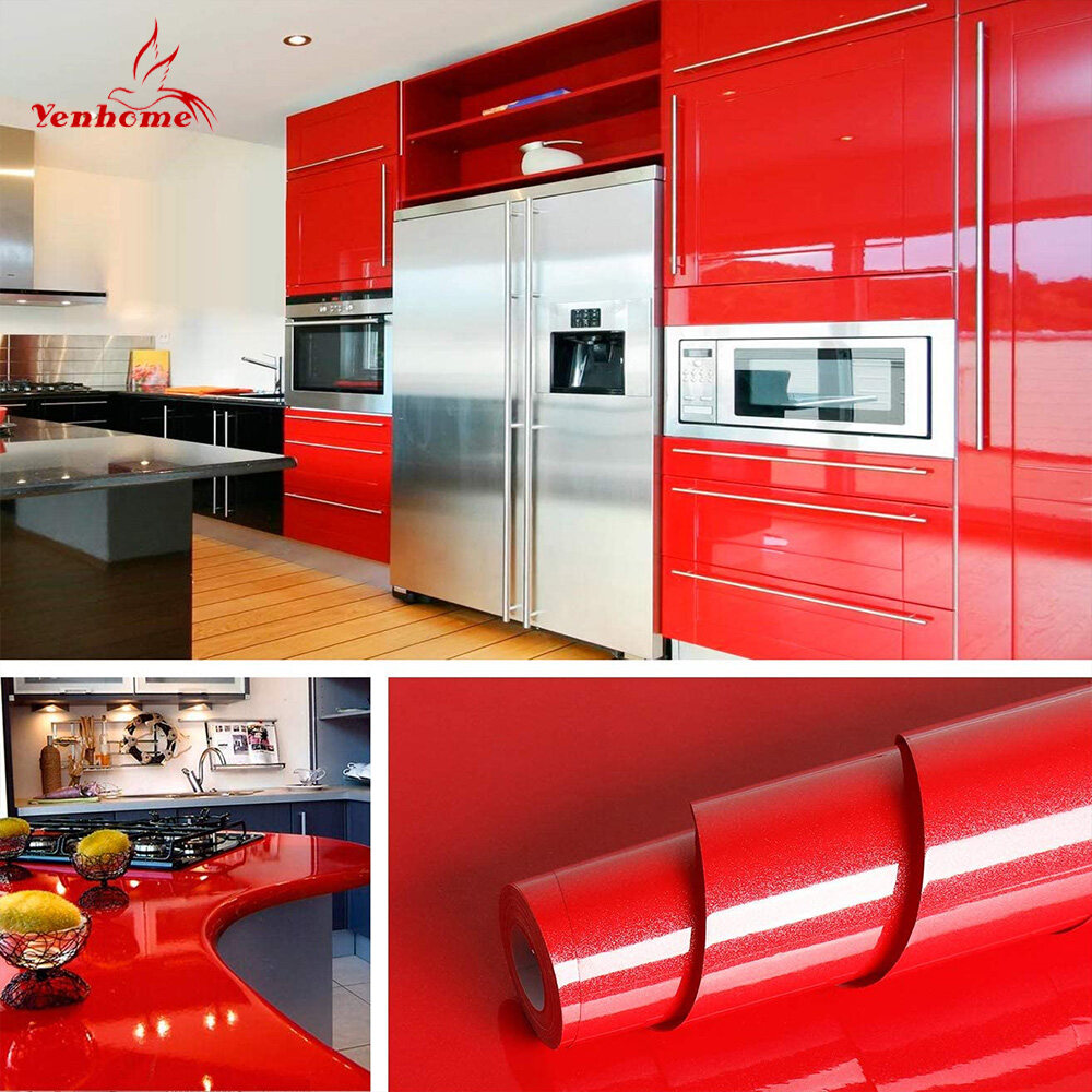 Yenhome High Glossy Red Removable Self adhesive Contact Paper for Cabinets DIY Shelf Liner Waterproof Peel and Stick Wallpaper Wardrobe Furniture Door Wall Decals 40cm*1m