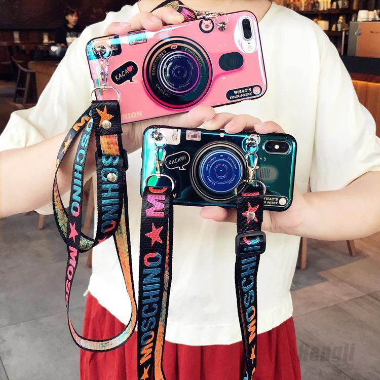 RTY Case For iPhone X iPhone XS MAX XR iPhone 7 Plus 8 Plus iPhone 7 8 iPhone 6 Plus 6S Plus iPhone 6 6S iPhone 5 iPhone 5c iPhone 5S 3D Cute Retro Camera lanyard Casing Grip Stand Holder Silicone Phone Case Cover With Adjustable lanyard