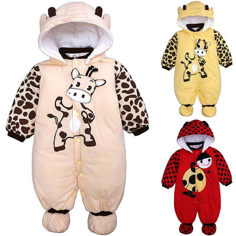 Baby Boy Girl Winter Warm Quilted Ear Romper Jumpsuit Hooded Kids Outfit Clothes