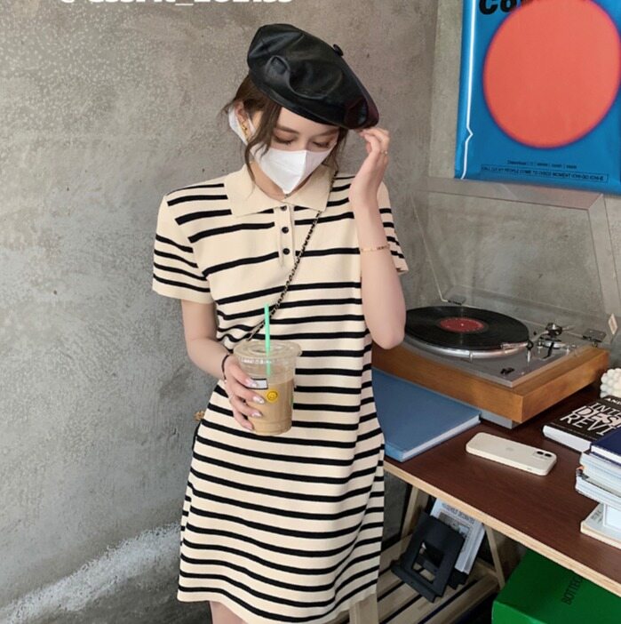 Missliu Fashion Korean Summer New Style Loose Casual Polo Collar Short-sleeved T-shirt Skirt Straight Fashion Striped Dress