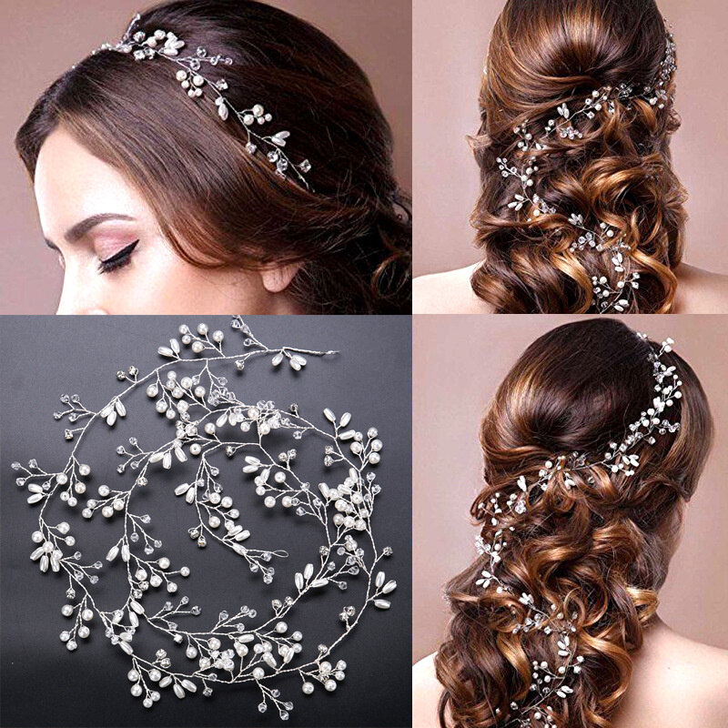 35cm Fashion Gold Silver Color Pearl Crystal Headband Bridal Hair Vine Crown Headpiece Rhinestone Hair Jewelry Wedding Hair Accessories