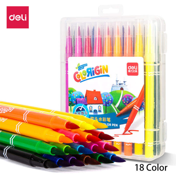 Deli 18 Colors Water Color Pens Fiber Soft Bristle Smooth Drawing Washable Marker Round Pen-holder Breathless Cap Painting Color Pens Multiple…