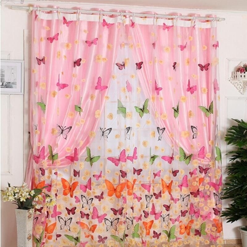 LALANG Lãng Mạn Bướm In Sheer Rèm Bảng Điều Khiển Cửa Sổ Ban Công Tulle Phòng Divider