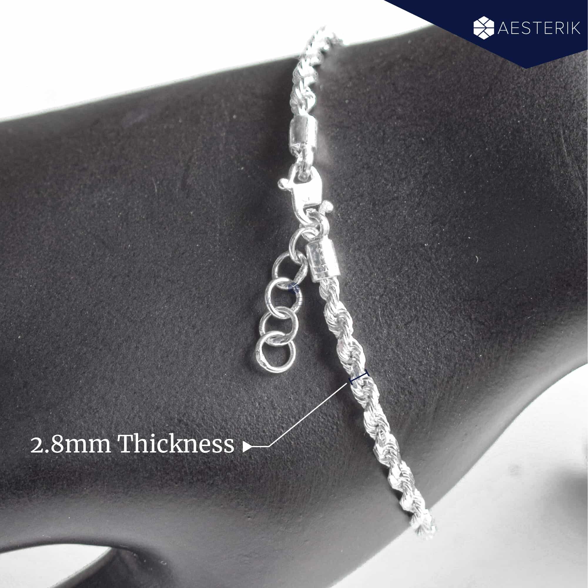 AESTERIK Handcrafted Sterling Silver 925 Elegant Unisex Rope Chain Bracelet (for Men & top Women) 2.8mm Thickness - 16.5cm