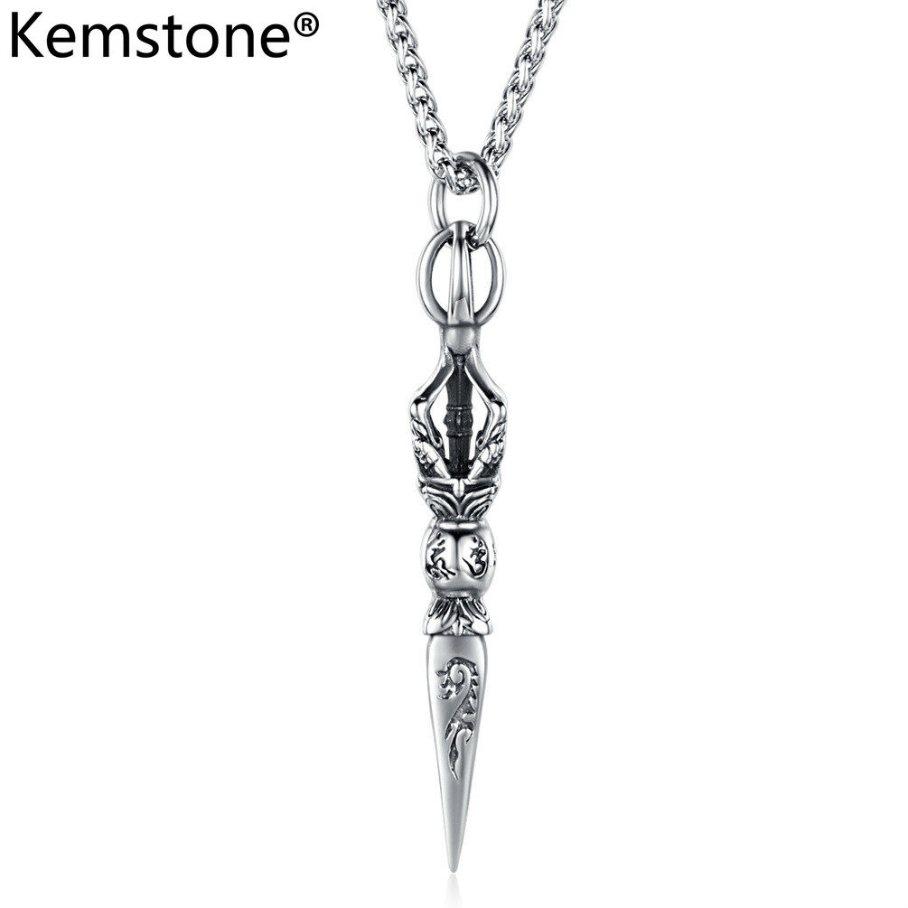 Kemstone Fashion Titanium Steel Silver Plated Vintage Six Word Mantra King Kong Pestle Pendant Necklace Jewelry Gift for Men