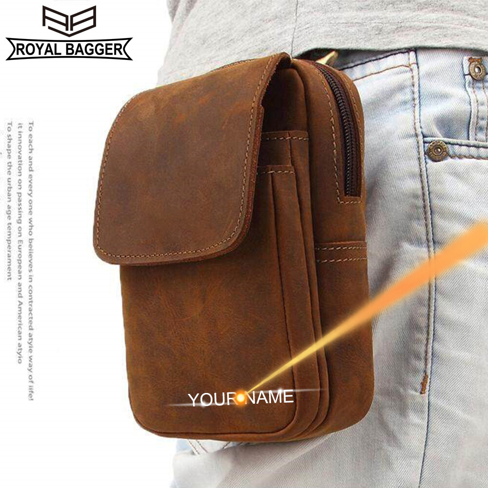 Royal Bagger Waist Sling Bags For Men Boys Genuine Cow Leather Waterproof Belt Purse Crazy Horse Leather Phone Bag Retro Outdoor Small Style Wallets