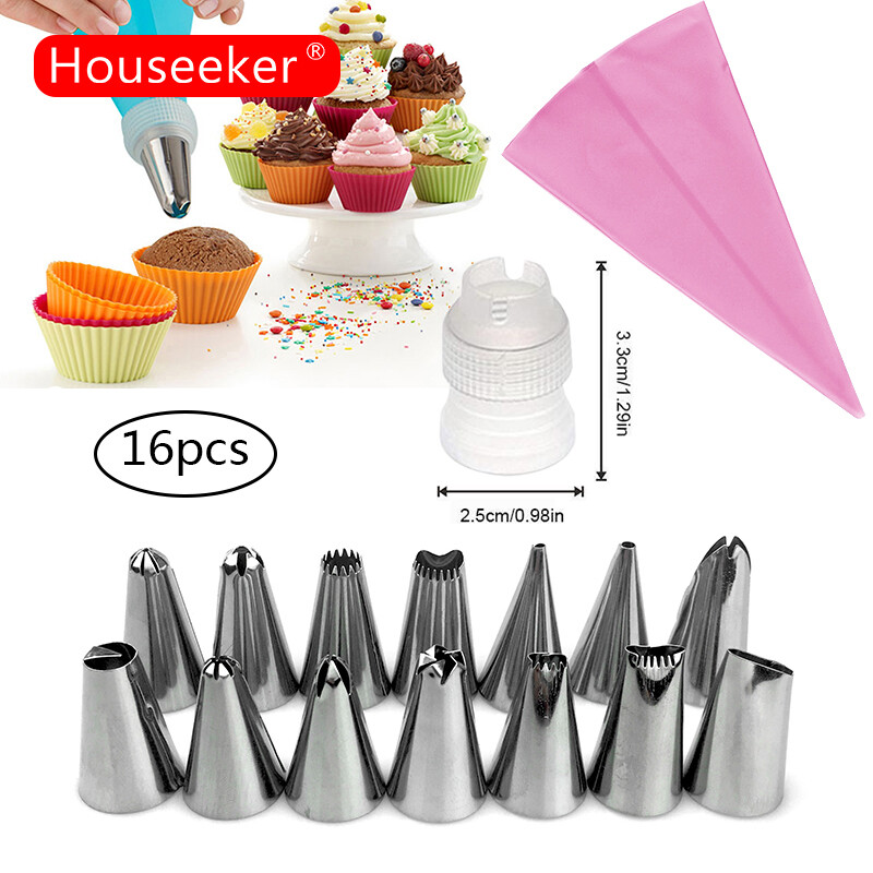 16Pcs/Set Cake Decorating Tools 14 Stainless Steel Nozzle + Silicone Pastry Bag DIY Tips Set Kitchen Accessories Pastry Tools