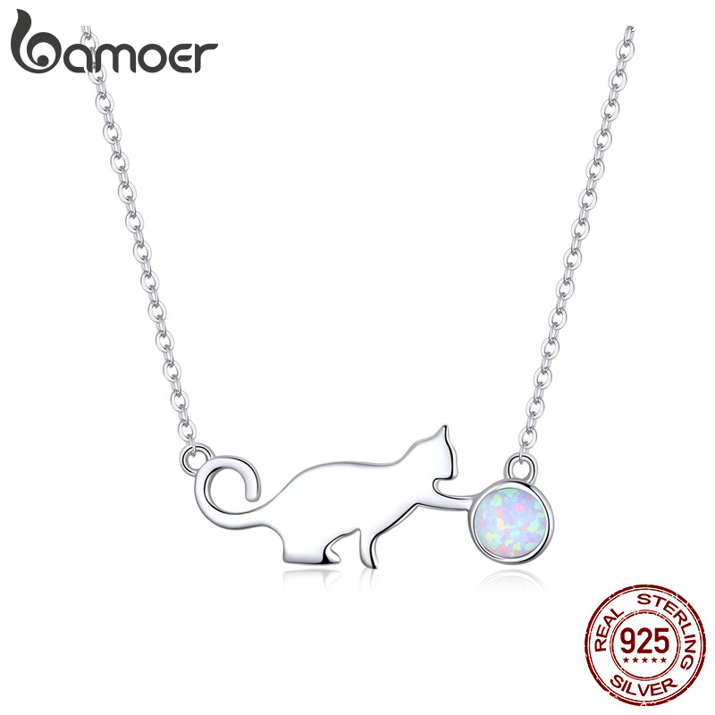 BAMOER Authentic 925 Sterling Silver Naughty Cat with Ball Opal Link Chain Necklace for Women Party Girl Gifts SCN395