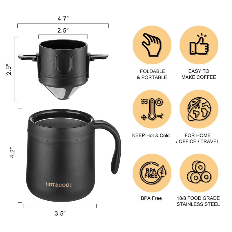 BINCOO Coffee Filter 304 Stainless Steel  Double-layer Drip Coffee Dripper Foldable Tea Infuser Mesh Paperless Portable Holder
