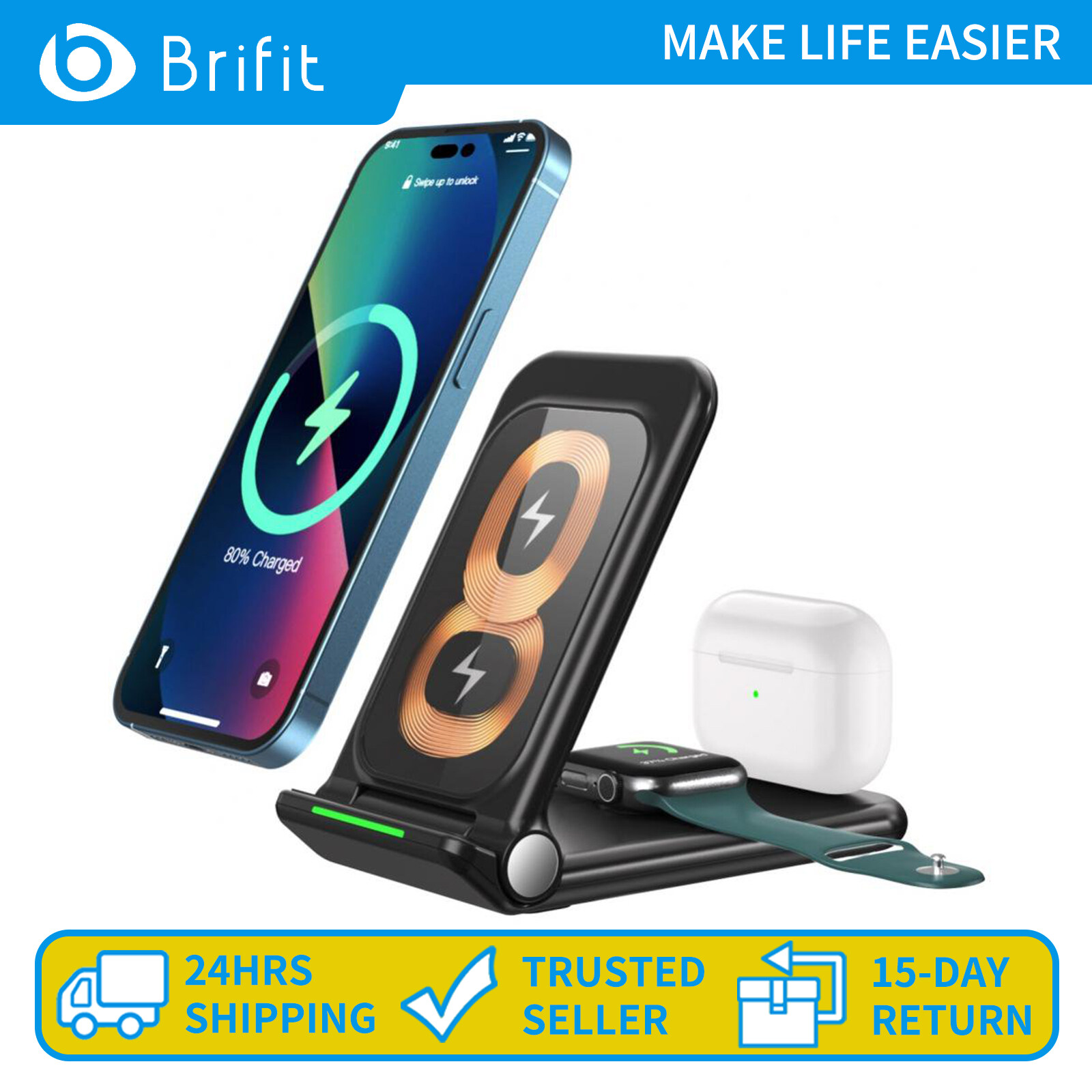 Brifit Bộ sạc không dây 3 trong 1 Chân đế sạc không dây có thể gập lại để