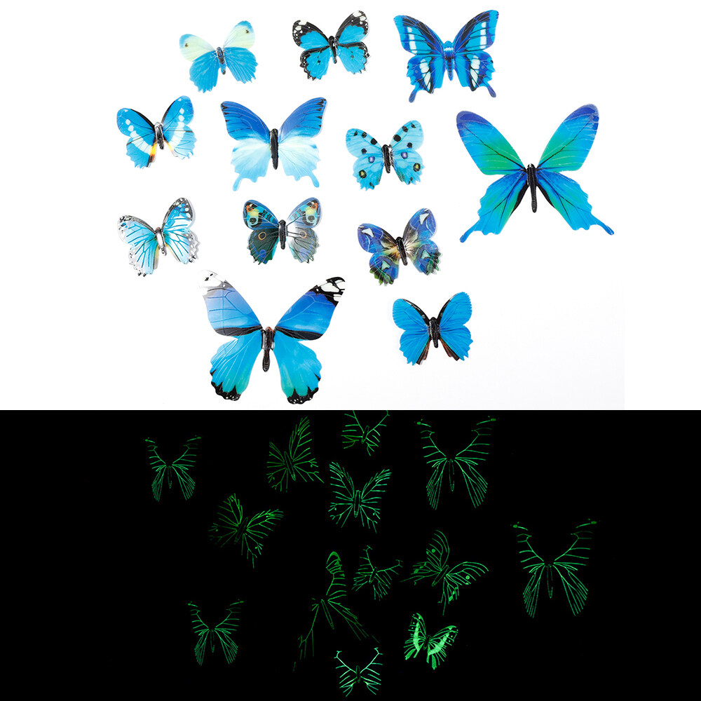 12pcs 3D Luminous Butterfly Wall Sticker Wedding Party Decoration Home Fridge Decal Wallpaper