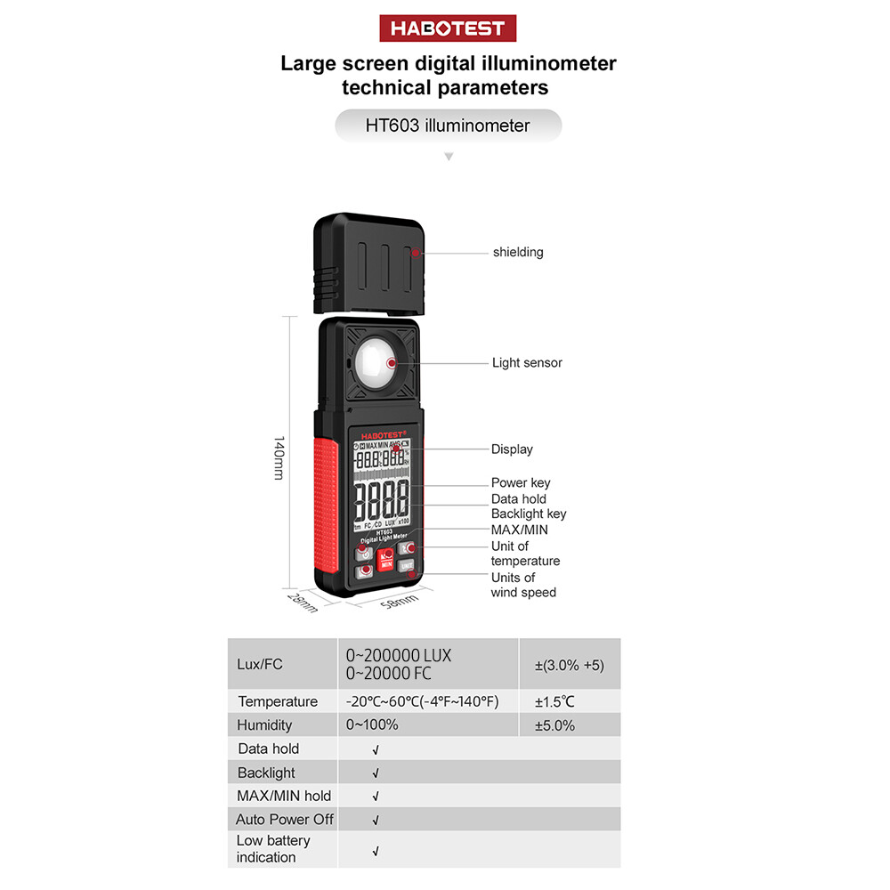 HABOTEST HT603 Digital Lux Meter Light Meter 200,000 Lux Digital Illuminance Meter with LCD Backlight Display Ambient Humidity and Temperature Meter