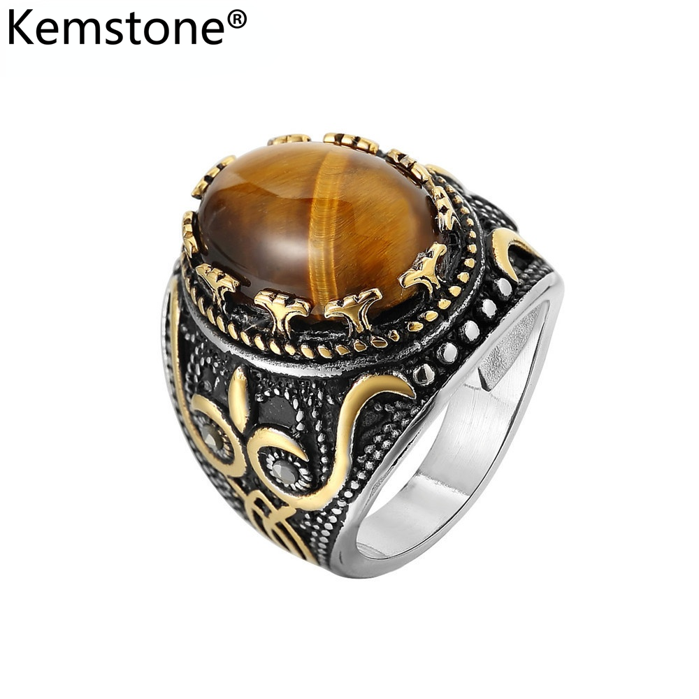 Kemstone Retro 23MM Stainless Steel Tiger Eyes Stone Ring Jewelry for Men