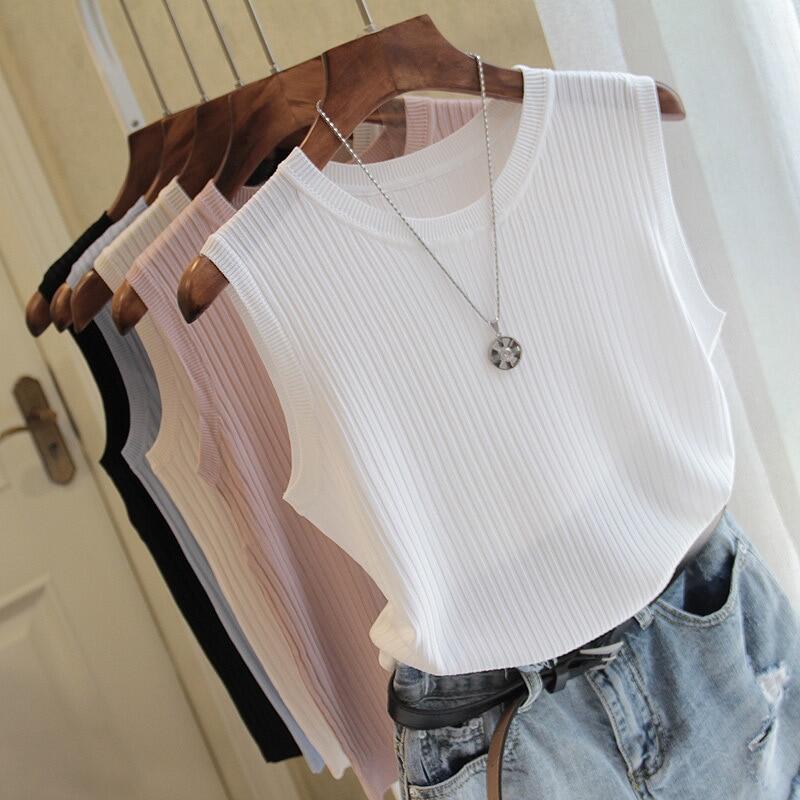 Knitted Vests Women Top O-neck Solid Tank Fashion Female Sleeveless Casual Thin Tops Summer Knit Woman Shirt Gilet Femme