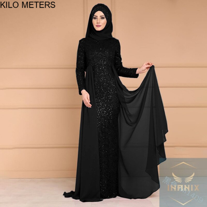 muslimah sequin dress Wedding Dress Baju Glamour Untuk Dinner Muslimah KILO METERS European And  American Muslim Sequin Dress Womens