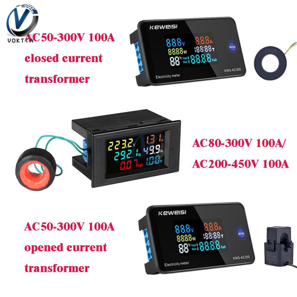 VOKTTA  AC 50-300V 10A 100A LCD sáu màn hình hiển thị đa chức năng điện áp hiện tại mét tần số Hệ số công suất Detector với máy biến áp