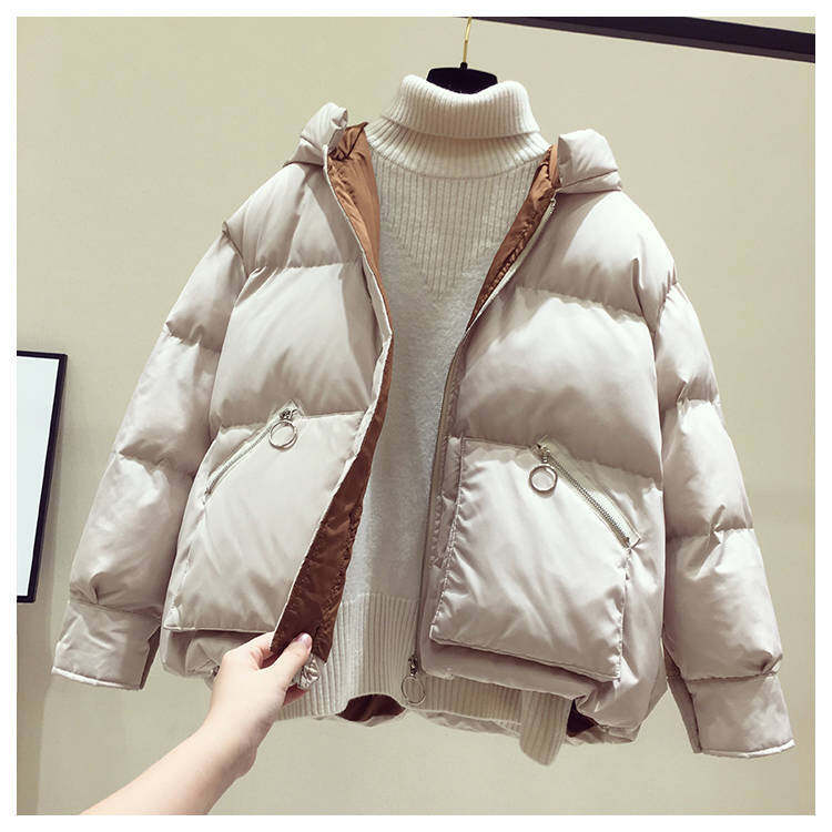 YMD504 Hand-stuffed cotton beige cotton-padded jacket women's short new winter Korean loose cotton-padded jacket hooded fluffy padded jacket bread jacket