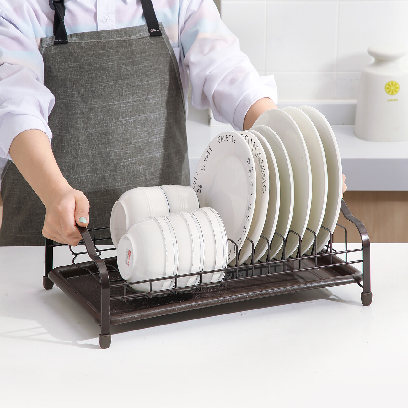 CNMF Iron Drain Rack Double-layer Dish Holder with Drain Tray Sink Tableware Storage Rack