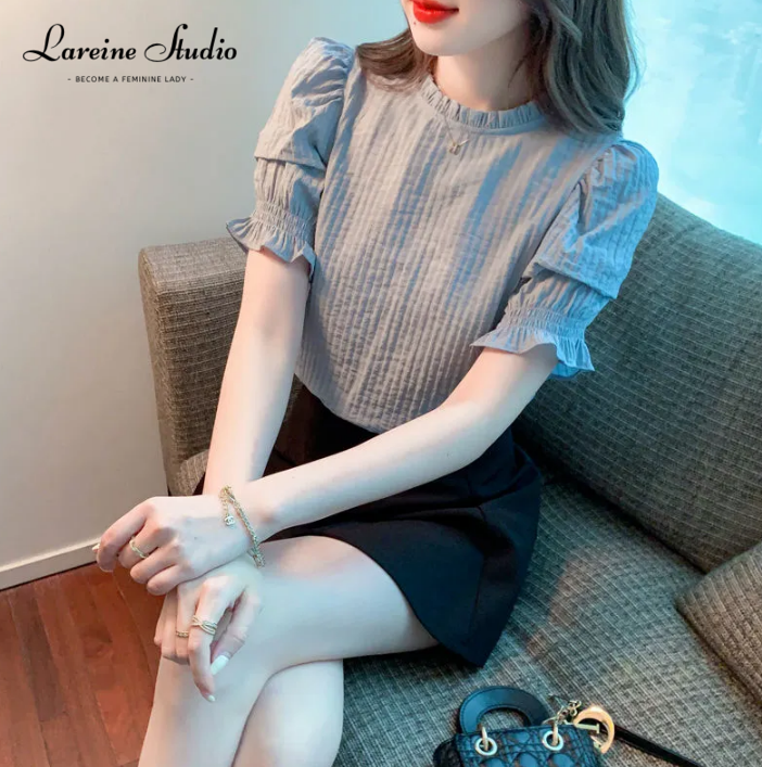 Lareine Áo Thun Cổ Tròn Tay áo bong bóng phong cách thường ngày Hàn Quốc Áo cánh nữ áo tay lửng xếp li Áo khoác Blouse Màu trơn