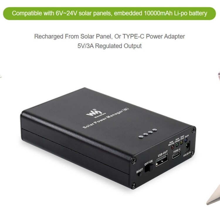Waveshare Solar Power Manager, Embedded 10000mAh Li-Po , Support 6V~24V Solar Panels