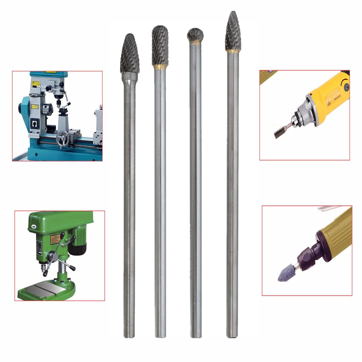 6/" Long Reach Rotary Burr 4pc Set Double Cut Tungsten Carbide Bit 1//4/" Shank