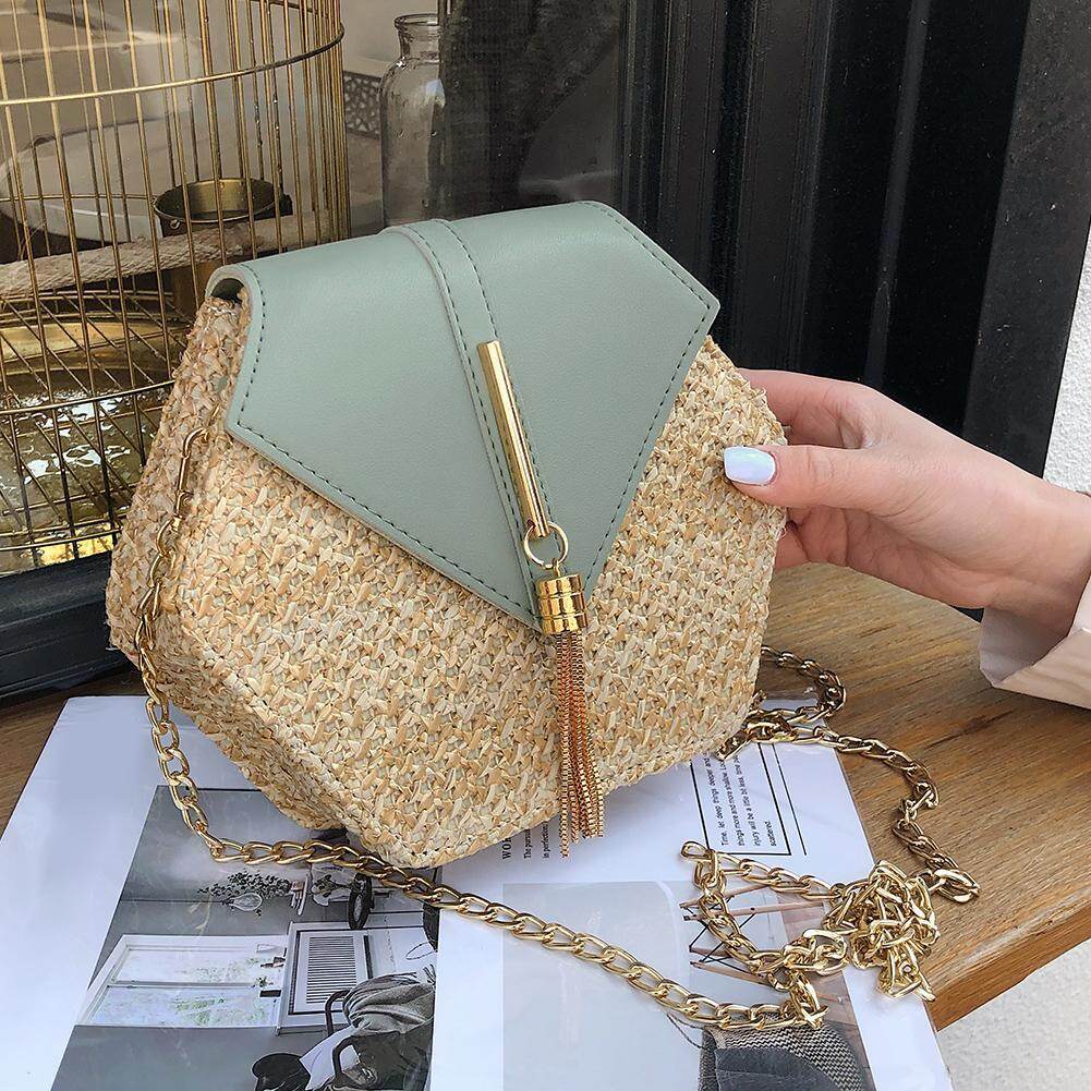 [Pinfect] Fashion Hex-shape Straw+PU Shoulder Handbags Women Top-handle Summer Beach Boho Bag