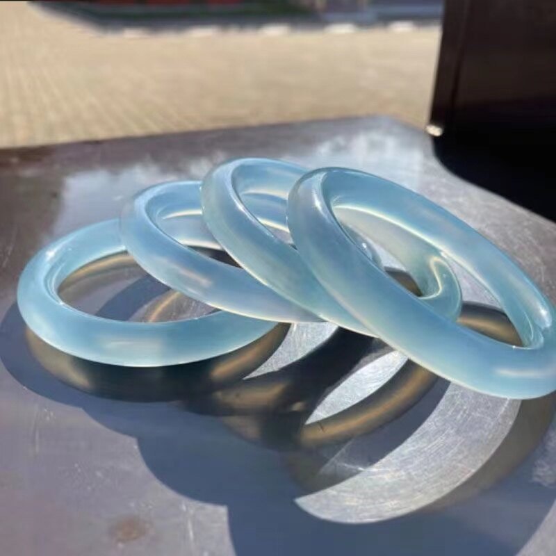 Natural Ice Sky Blue Agate First Thick Round Bar Bangle Light Blue Chalcedony Agate Bracelet Fat Round Bar