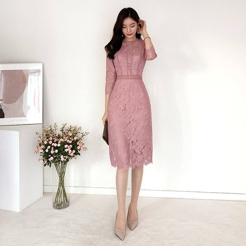 Pink lace 2024 knee length dress