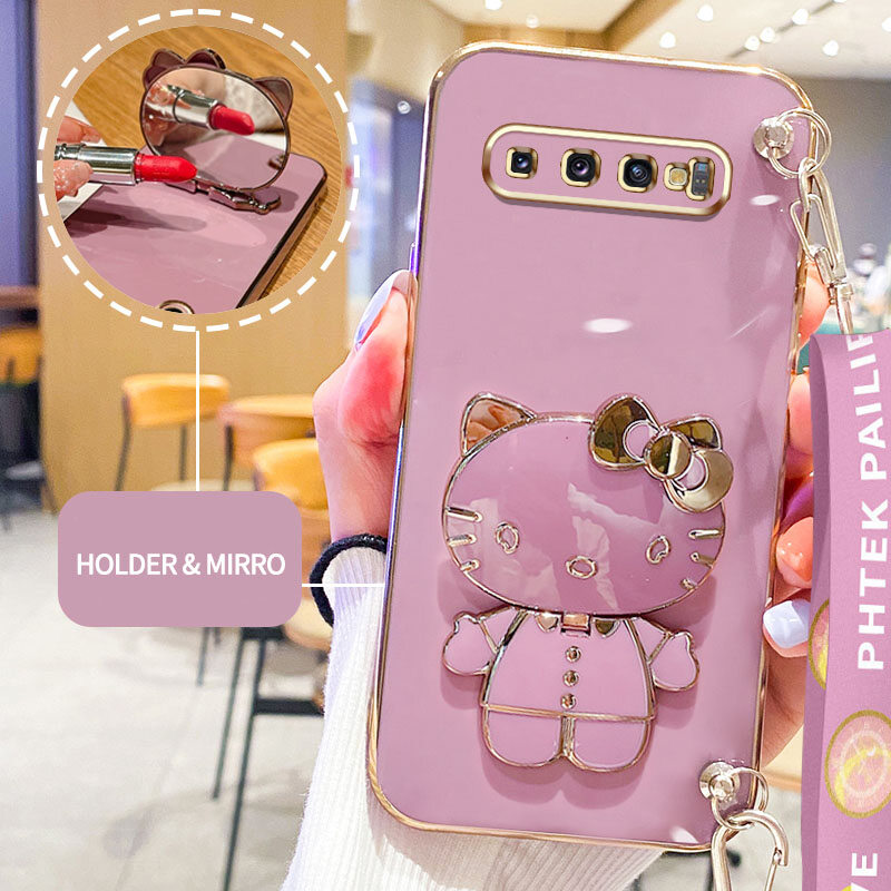 Ybd makeup mirror phone case for samsung galaxy s8 plus s8+ s9 plus s9+ s10 plus s10+ hello kitty bracket long lanyard for srossbody use