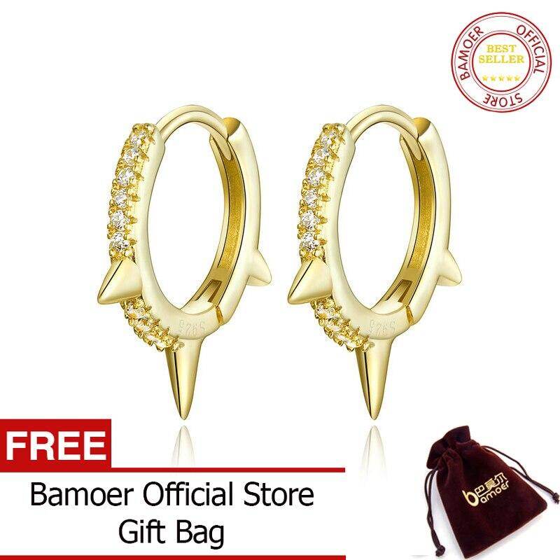 BAMOER Gold Color Punk Ear Hoops Sterling Silver 925 Gear Hoop Earrings for Women and Men Zirconia Hiphop Jewelry BSE168