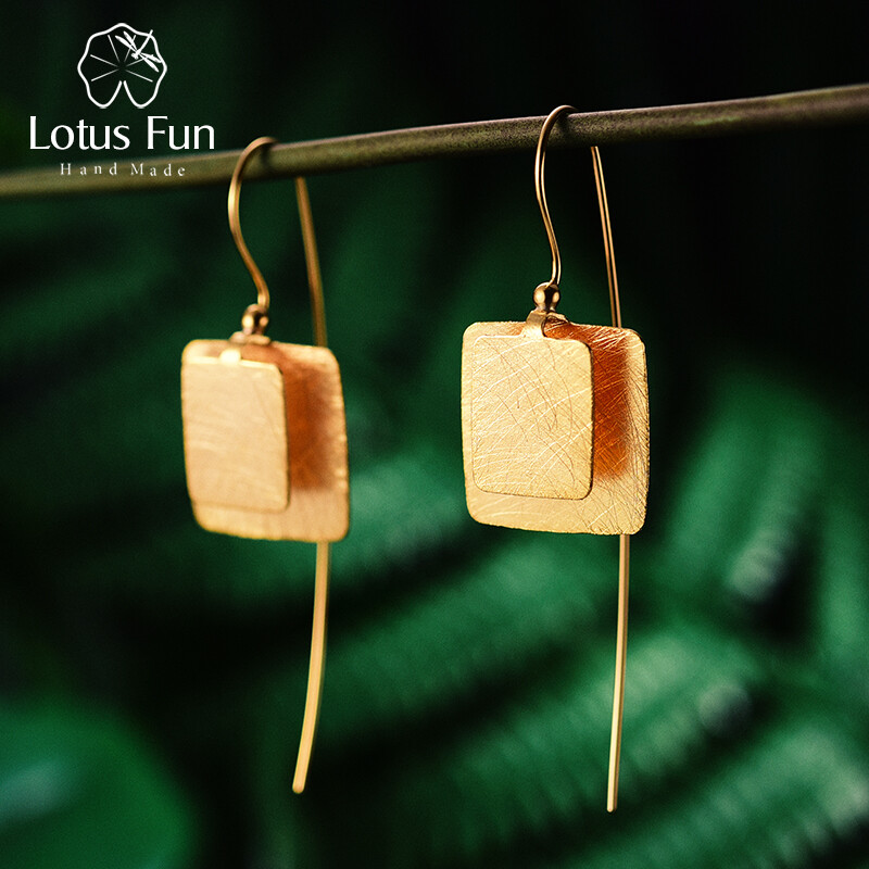 Lotus Fun Real 925 Sterling Silver Natural Original Handmade Fine Jewelry Vintage Unique 18K Gold Square Drop Earrings for Women Gift