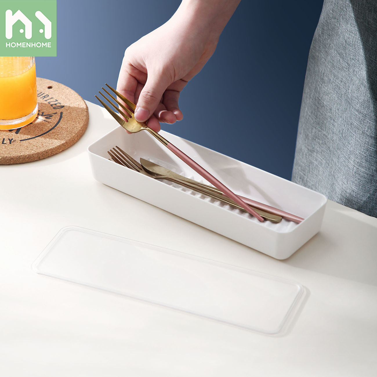Homenhome Hộp Đũa Hình Chữ Nhật Chất Liệu AS Có Nắp, Giá Để Muỗng, Hộp Đựng Đồ Ăn Phẳng Chống Bụi Nhà Bếp
