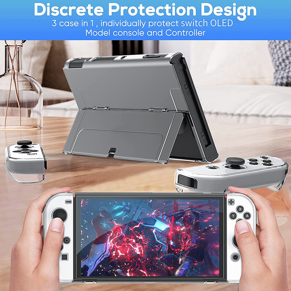NS Ốp Bảo Vệ Trong Suốt Bằng Nhựa PC Cứng Cho Nintendo Switch OLED 2021 Ốp Có Thể Gắn Với Chân Đế Lật Vỏ Cần Điều Khiển Và Bảng Điều Khiển Joy-Con Với Kính Cường Lực Miễn Phí Cho OLED