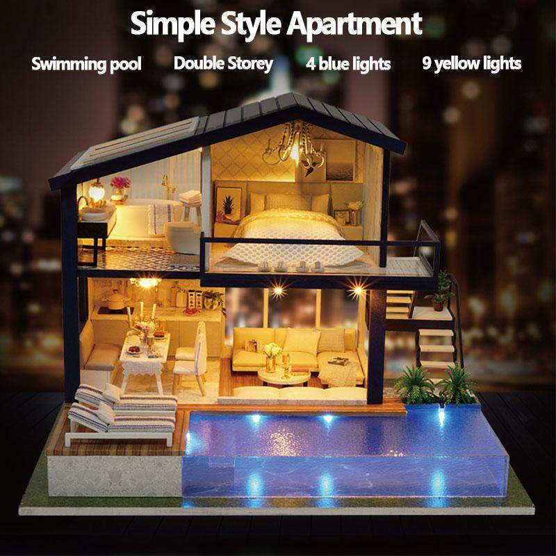 DIY Wooden Doll House Music Villa Miniatures LED Furniture Kit Light With Cover