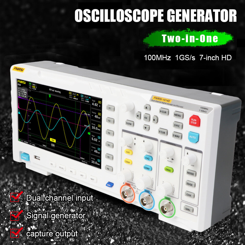 Oscilloscope Numérique Portable FNIRSI 1014D - 2 Voies, Bande Passante 100MHz, Taux D'échantillonnage 1GSa/s - Pour électronique Et Réparations